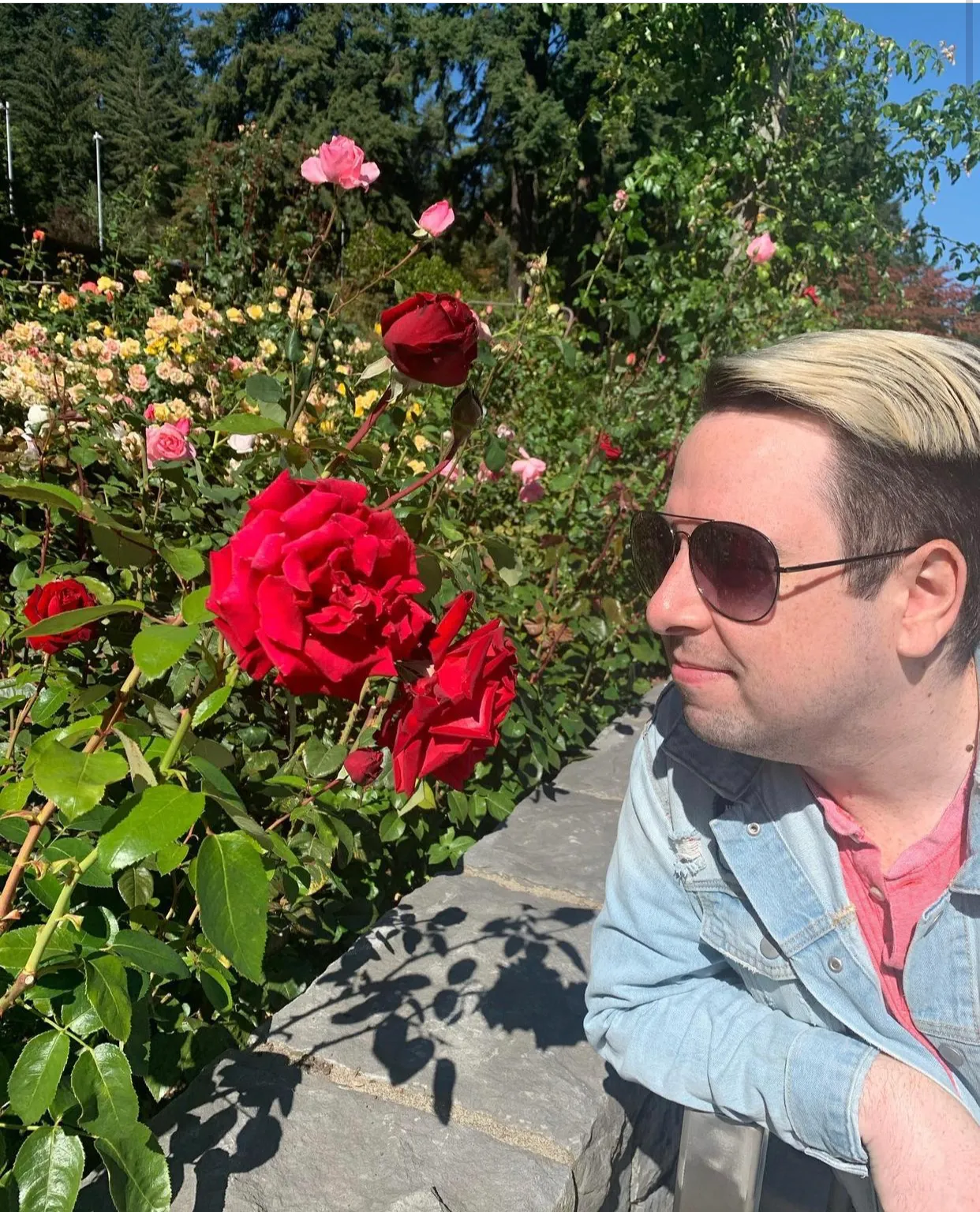 Eli looking at a rose in the International Rose Test Garden