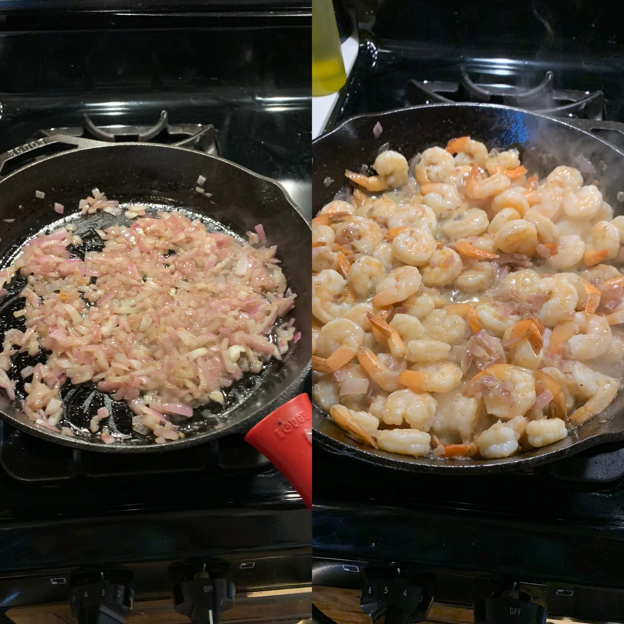 Cooking the red onions and the shrimp