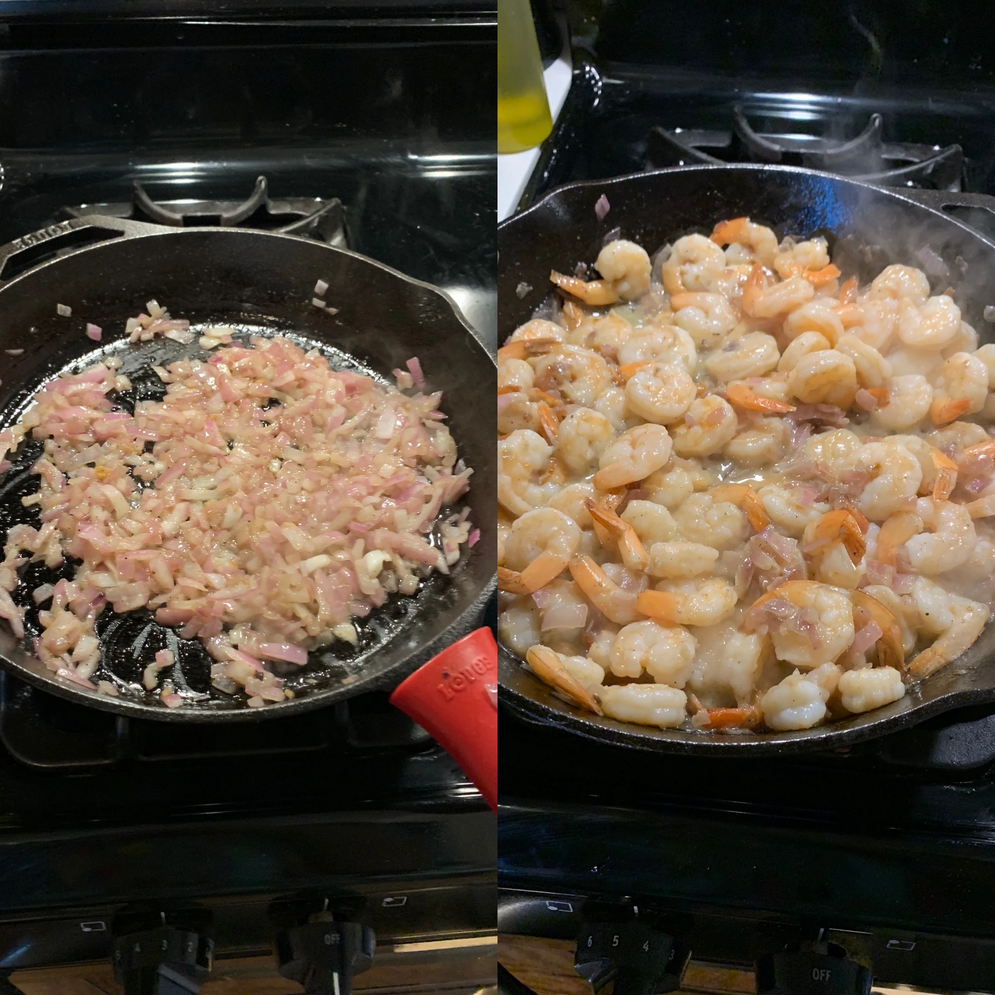 Cooking the red onions and the shrimp