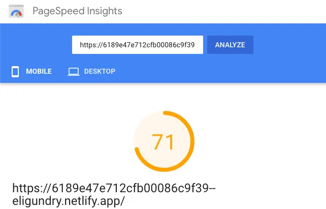 Google Page Speed Insights Mobile 71 score