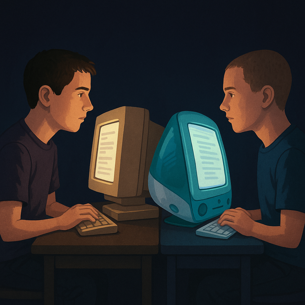 Illustration of teenage Eli and Jonathan looking at computers
